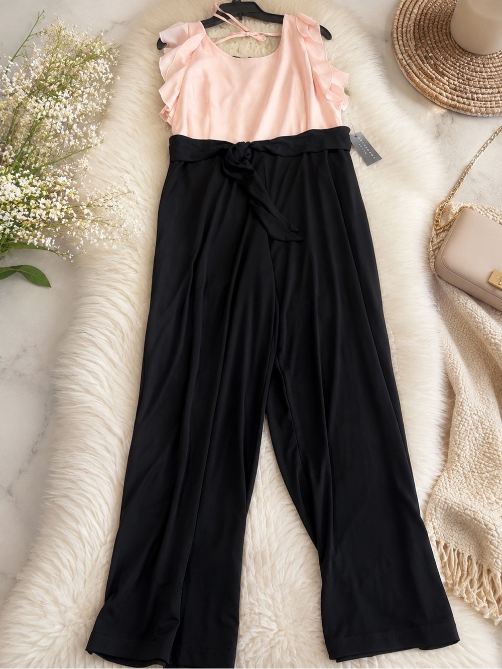 Ruffled Sleeveless Pink and Black Wide-Leg Jumpsuit with Waist Tie